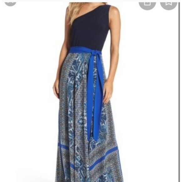 Eliza J Blue Geometric One Shoulder Maxi Dress Size 14 NWT - Picture 6 of 11